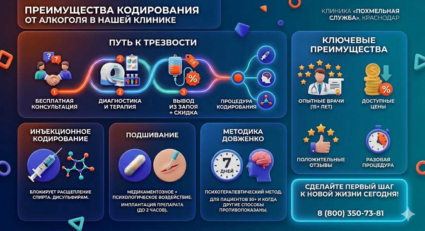 Инфографика о методах кодирования от алкоголя в Катав-Ивановске: инъекции, подшивание, метод Довженко. Преимущества клиники и этапы лечения.