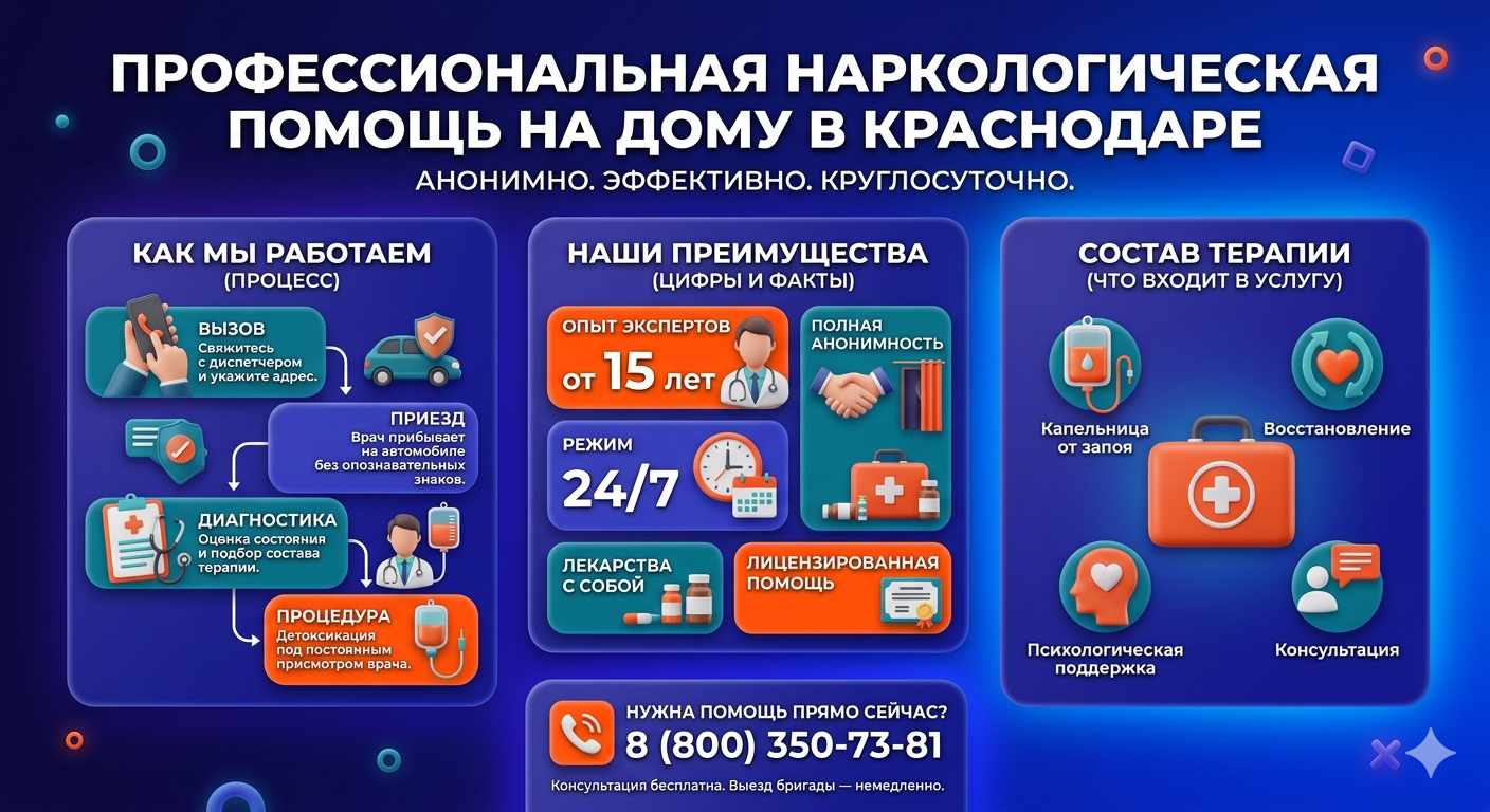 Инфографика о принципах лечения алкоголизма на дому в Катав-Ивановске: этапы вызова нарколога, преимущества анонимной детоксикации и состав медицинской помощи.